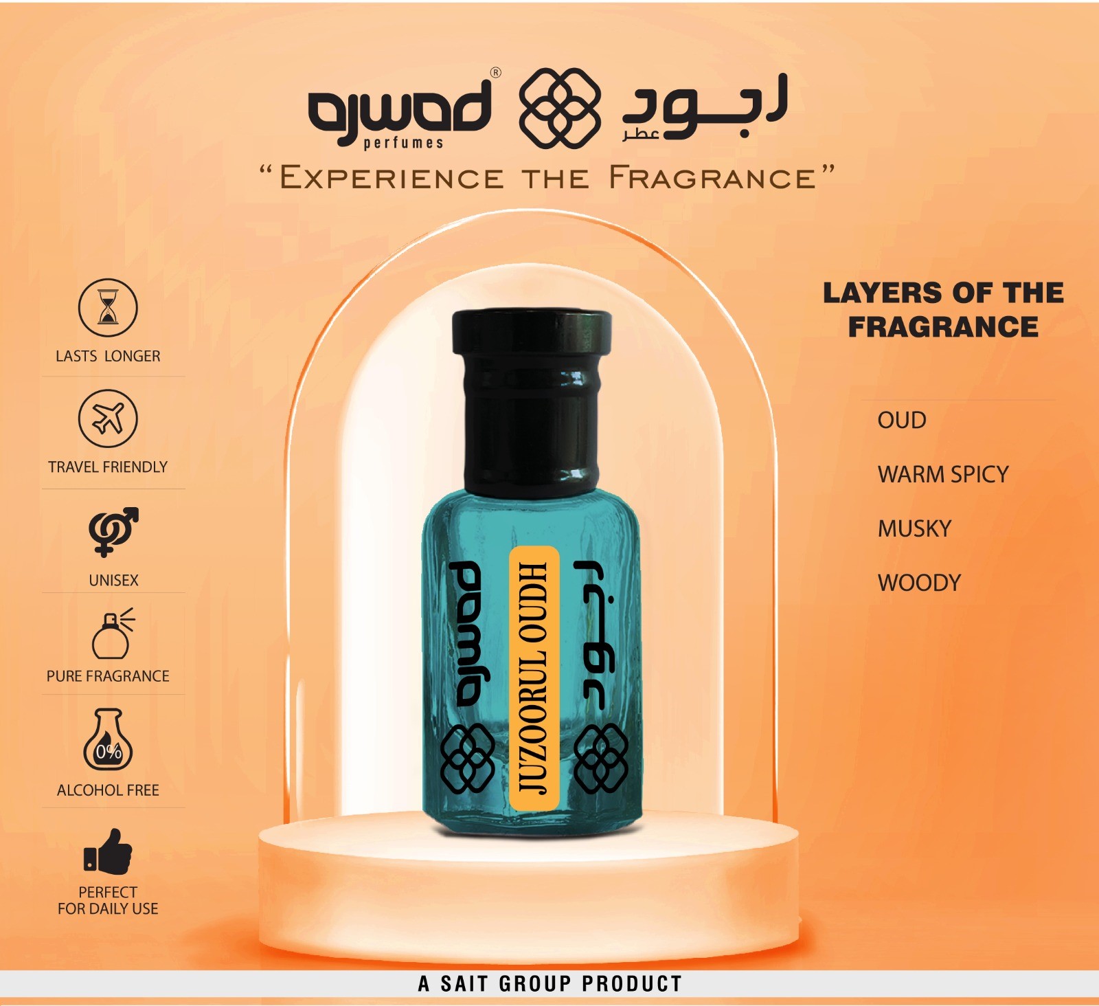 AJWAD JUZOORUL OUDH 6 ml Attar Roll-On for Men Alcohol Free Attar Floral Attar (ORIENTAL) P